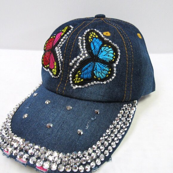 Women's Sparkle Butterfly Blue Denim Vintage Distressed Baseball Hat Cap NEW - Picture 2 of 4
